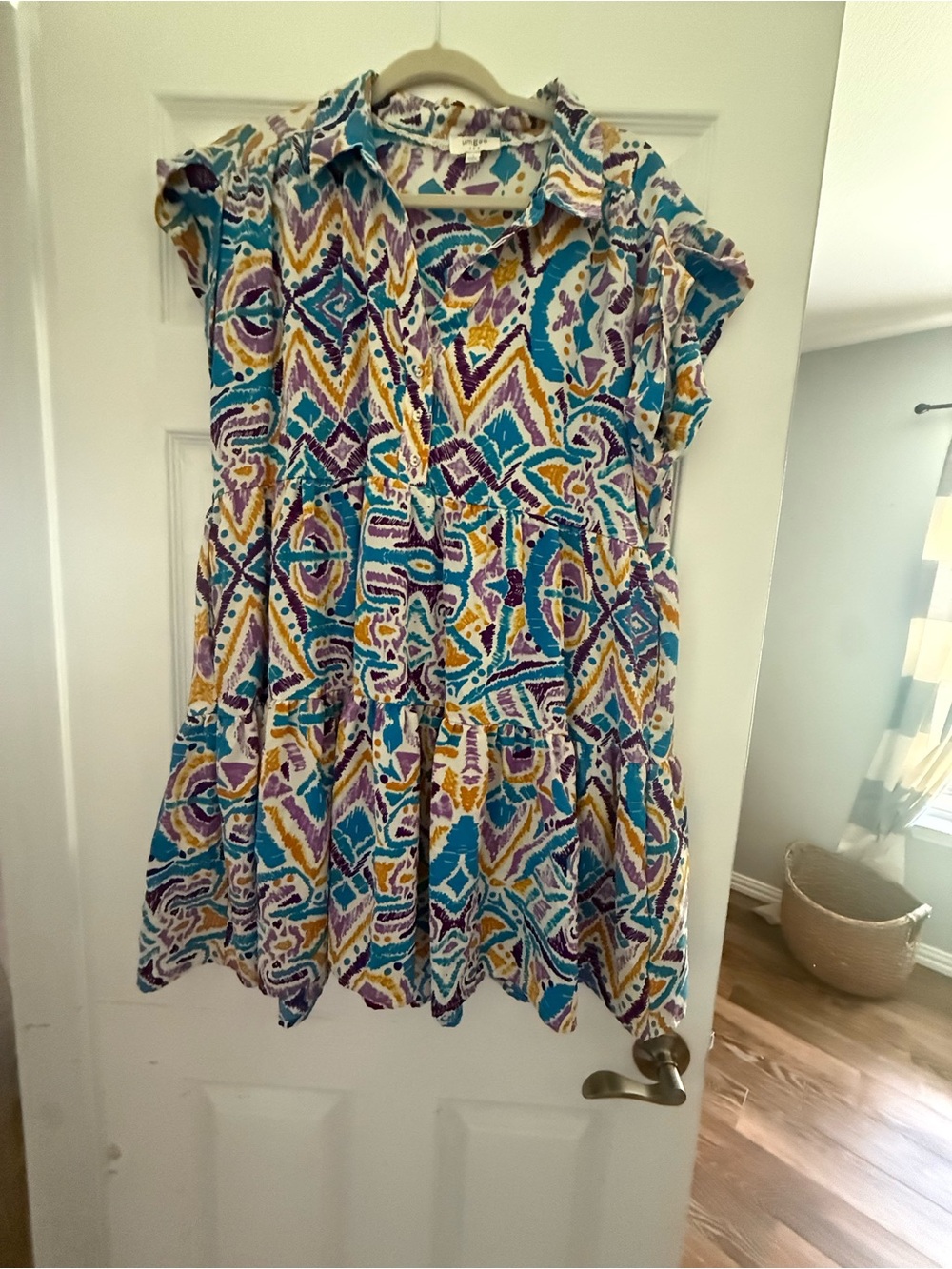 Umgee Colorful Tribal Print Button-Front Dress - Teal, Purple & Mustard Sz L